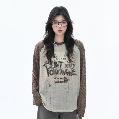 【トップス】ヒョウ柄プリントシアーTシャツ レディース 薄手 長袖 ストリートカジュアル【FCシリーズ】
