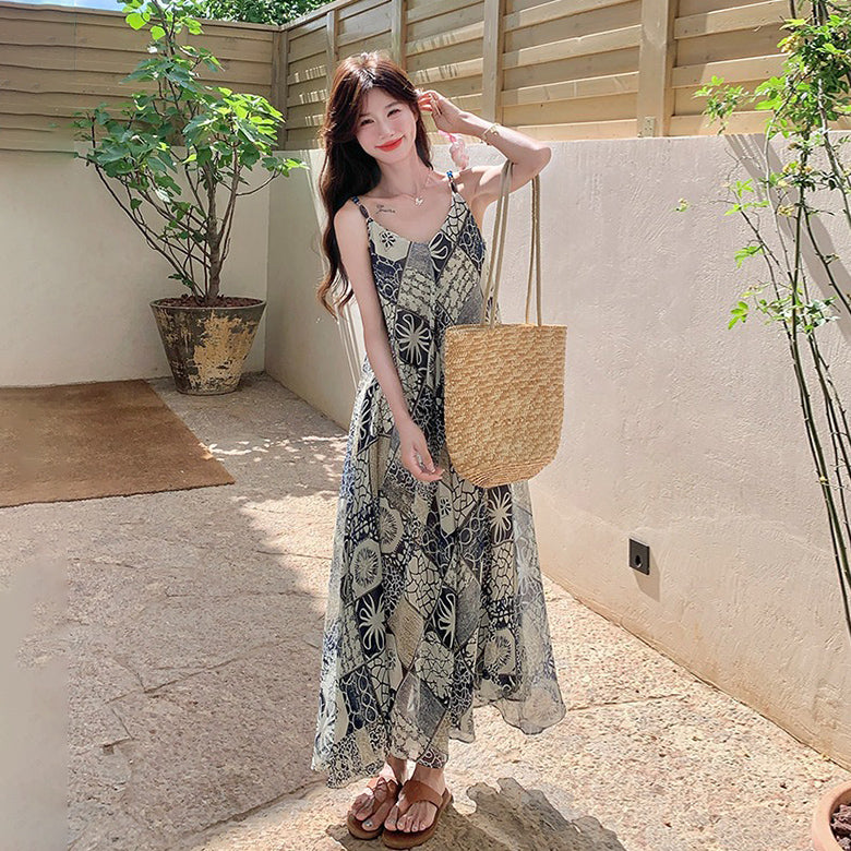 【ワンピース】夏新作 ボヘミアンリゾート風 シフォンプリント ノースリーブワンピース 大人可愛いAラインシルエット【SHシリーズ】