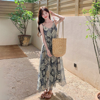 【ワンピース】夏新作 ボヘミアンリゾート風 シフォンプリント ノースリーブワンピース 大人可愛いAラインシルエット【SHシリーズ】