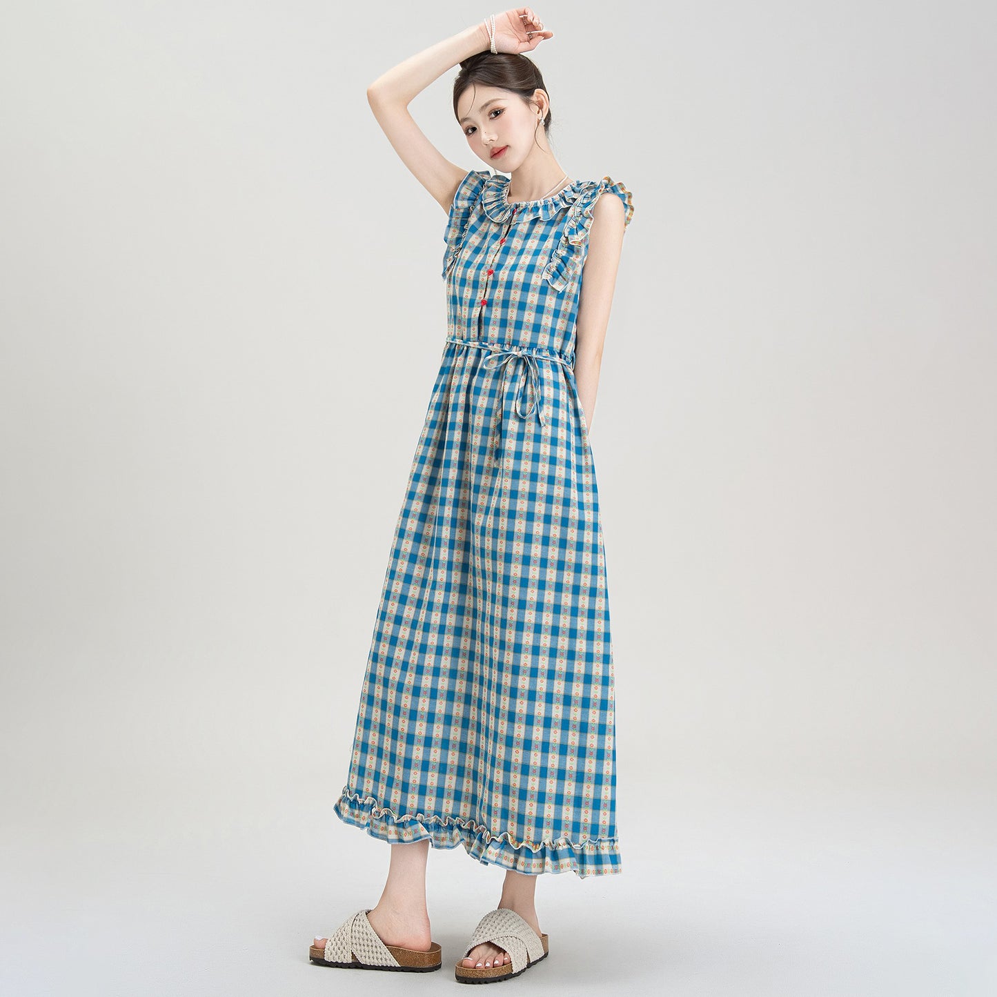 【ワンピース】夏新作 レトロチェック×小花柄 レース切り替え ウエストマークAラインロングワンピース【SHシリーズ】