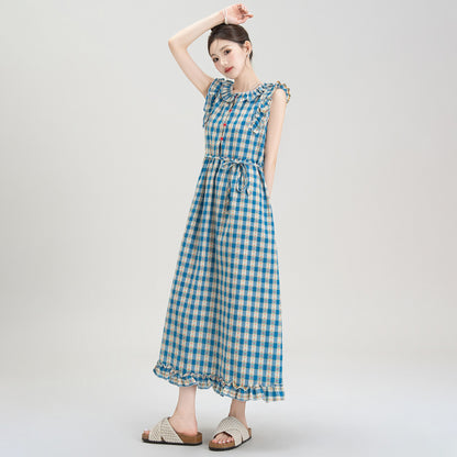 【ワンピース】夏新作 レトロチェック×小花柄 レース切り替え ウエストマークAラインロングワンピース【SHシリーズ】