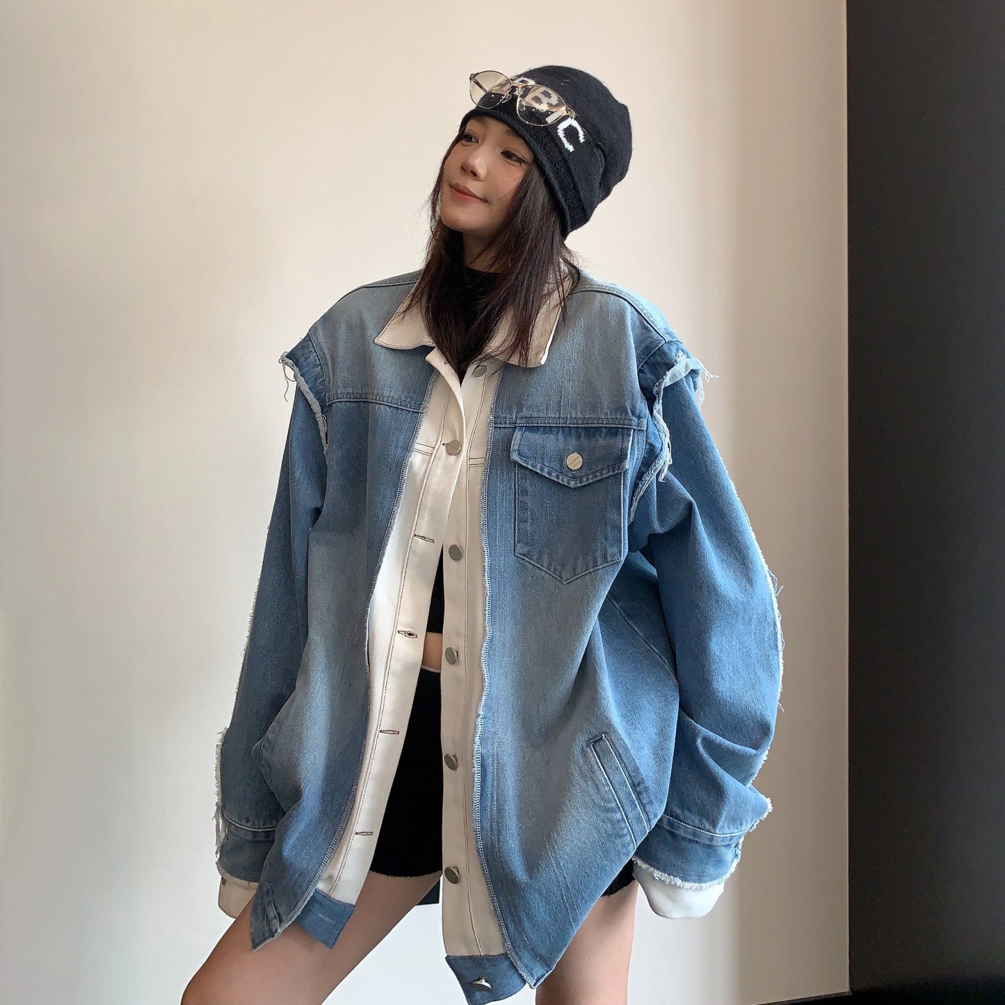 【アウター】ヴィンテージフェイクレイヤードデニムジャケット レディース 個性デザイン 秋コーデ【FCシリーズ】