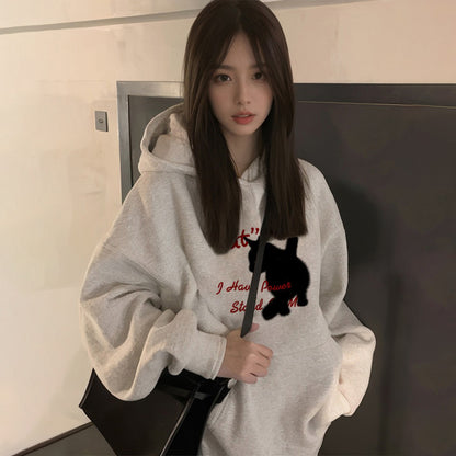 S~3XL【トップス】黒猫柄 フード付き スウェット レディース 秋冬 裏起毛 ゆったり おしゃれ【FCシリーズ】