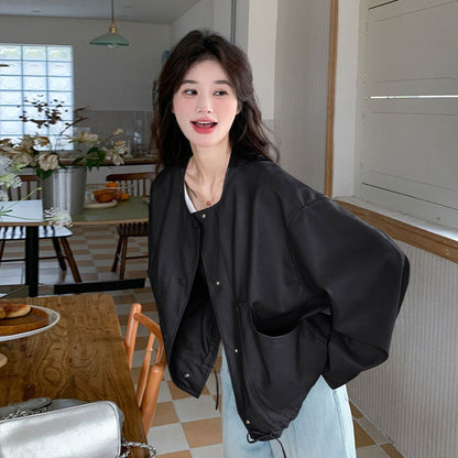 【アウター】デザイン性 ドローストリング裾 レザージャケット ゆったり カジュアル バイカージャケット【JZシリーズ】