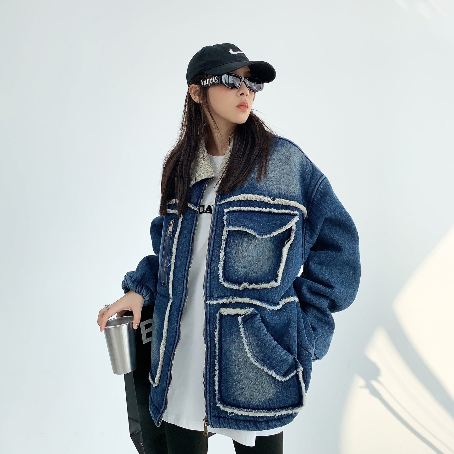 【アウター】アメリカ 秋冬 カップル服 ゆったり レトロ ダメージデニム ラムウール ジャケット【FCシリーズ】