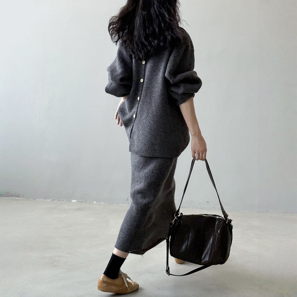 【セットアップ】春 秋 冬 ラウンドネック セーター + 着痩せ効果 スカート 2点上下セット 【SNシリーズ】