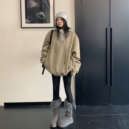 【トップス】裏起毛 春 秋 冬 切り替え ルーズ フード付きパーカー  【FCシリーズ】