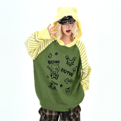 【トップス】ふわふわ カートゥーン柄 フード付きニットセーター レディース 新作 オーバーサイズ BF風 韓国風 ゆるニット【FCシリーズ】