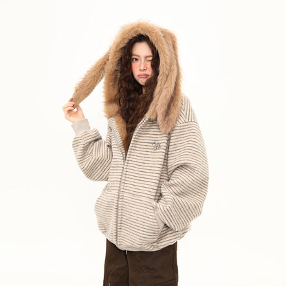 【アウター】秋冬 ヴィンテージボーダーうさ耳フーディ レディース 裏起毛 厚手ファージャケット ユニセックス【FCシリーズ】