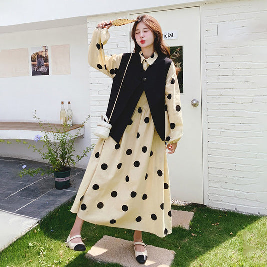 【ワンピース】フレンチ風 ベスト＋ドット柄ワンピース セットアップ レディース 2026春新作 ロング丈 大人可愛い【SHシリーズ】