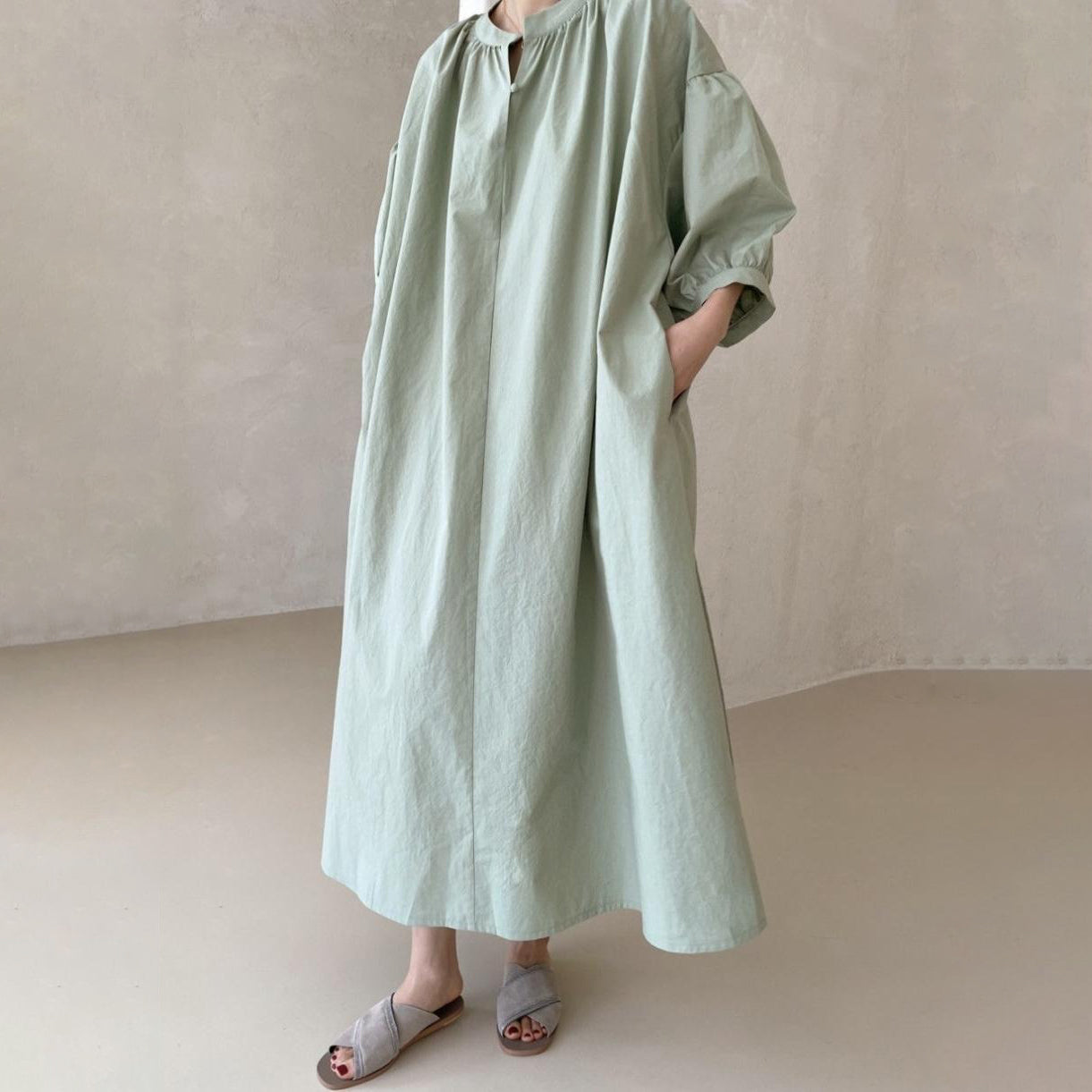 【ワンピース】🌸春夏 新作 韓国風 半袖ワンピース ゆったり ロング丈 バルーンスリーブ カジュアル レディース【JZシリーズ】