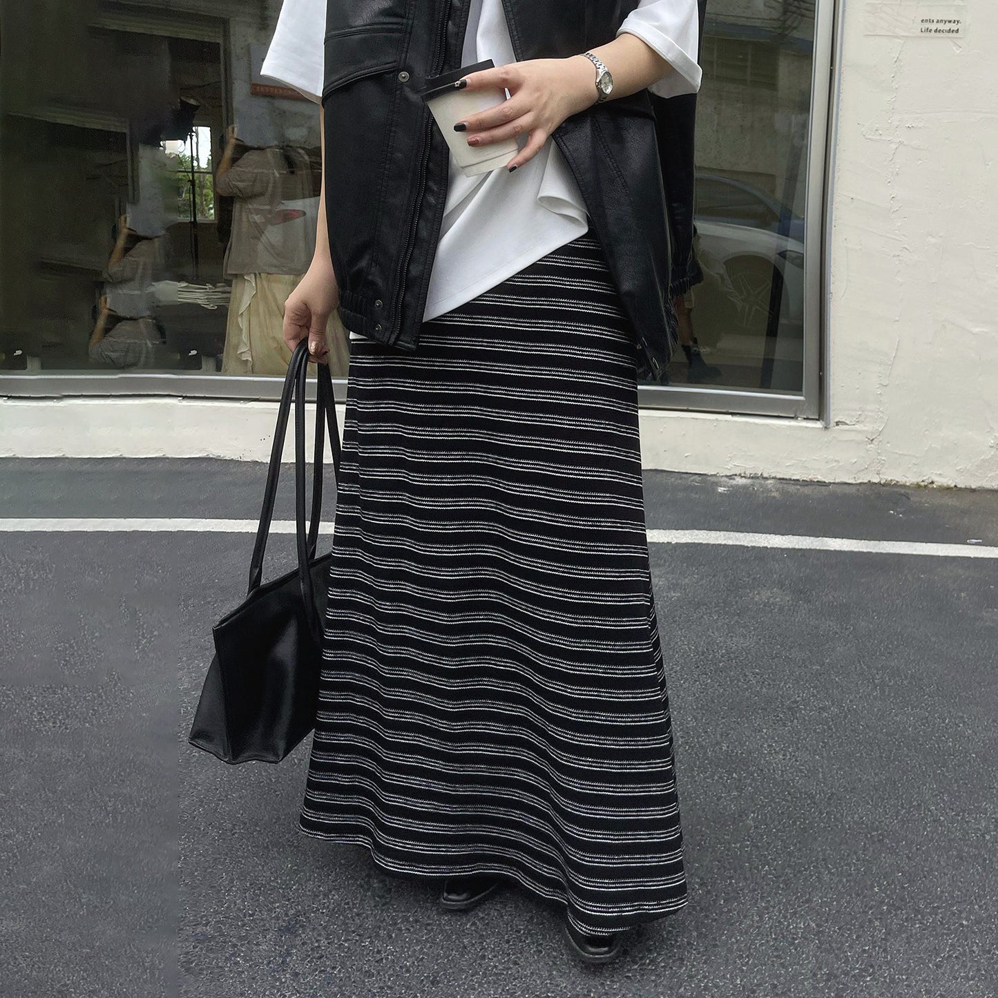 【ボトムス】レトロ ストライプ ニットスカート 初秋新作 ハイウエスト スリム見え Aラインスカート【SHシリーズ】