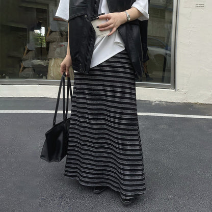 【ボトムス】レトロ ストライプ ニットスカート 初秋新作 ハイウエスト スリム見え Aラインスカート【SHシリーズ】