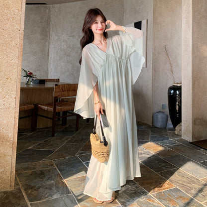 インナーキャミ付き！【ワンピース】フレンチノースリーブワンピース レディース 夏新作 リゾート風 こなれ感 ゆったり きれいめ【SHシリーズ】