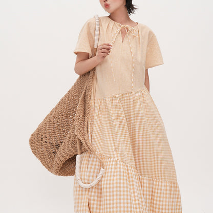 【ワンピース】【15～18日内発送】夏 クリームイエロー チェック柄 	Vネック 切り替えデザイン 半袖ワンピース 【JZシリーズ】