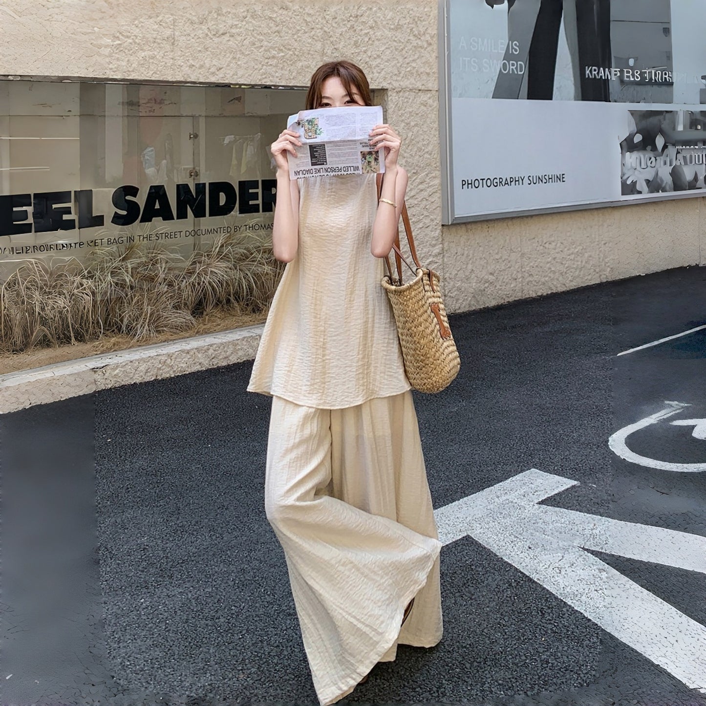 【セットアップ】あつさり 夏 新作 高級感 ゆったり ノースリーブトップス+ワイドパンツ 2点セット【JZシリーズ】