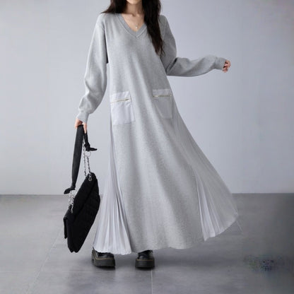 👀注目の新作👀【ワンピース】春 秋 冬 Vネック ニット プリーツ 長袖 ファスナー ワンピース 【JZシリーズ】