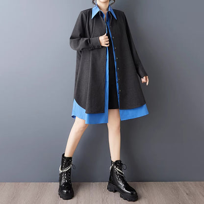 【ワンピース】春新作 デザイン性 レイヤード風 配色切替 カジュアル オーバーサイズ シャツワンピース 長袖 ミディ丈 レディース【JZシリーズ】