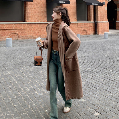 【アウター】🎀リボン結びで可愛く決まる！ロングニットコート レディース 冬新作 ゆったり 暖か デザイン感◎【JZシリーズ】