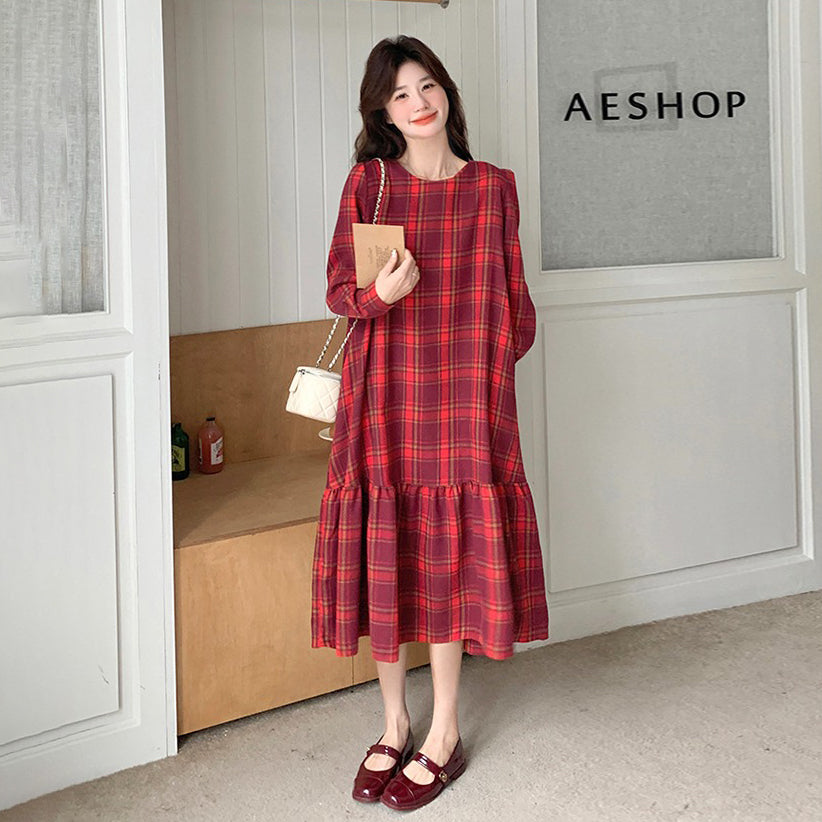 【ワンピース】レトロチェック ウエストマーク 長袖ワンピース レディース 春秋 上品フレンチ風 エレガント 【SHシリーズ】