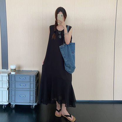 【ワンピース】フェイクレイヤードワンピース レディース 夏 ノースリーブ 重ね着風デザイン ロングワンピース こなれ感【JZシリーズ】
