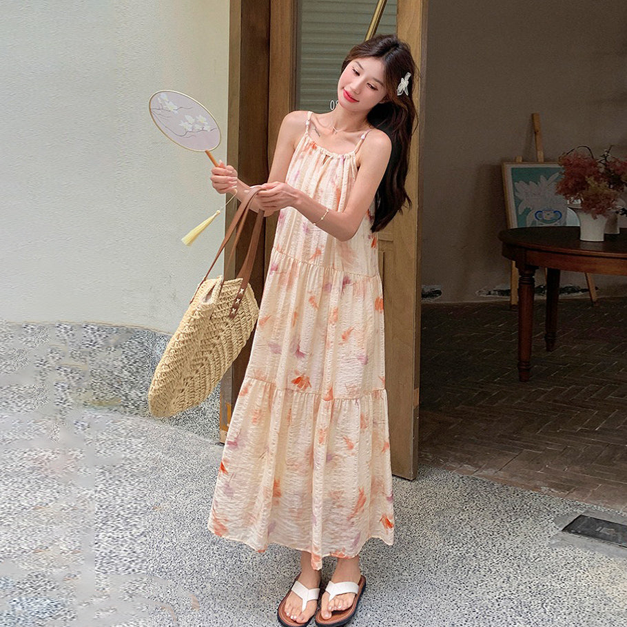 【ワンピース】フレンチ風プリント 夏らしい優美な雰囲気 ノースリーブキャミワンピース リゾート感たっぷり【SHシリーズ】