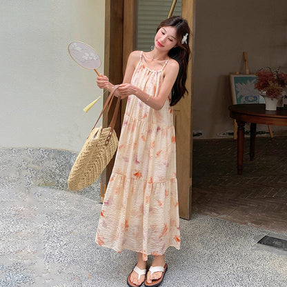 【ワンピース】フレンチ風プリント 夏らしい優美な雰囲気 ノースリーブキャミワンピース リゾート感たっぷり【SHシリーズ】