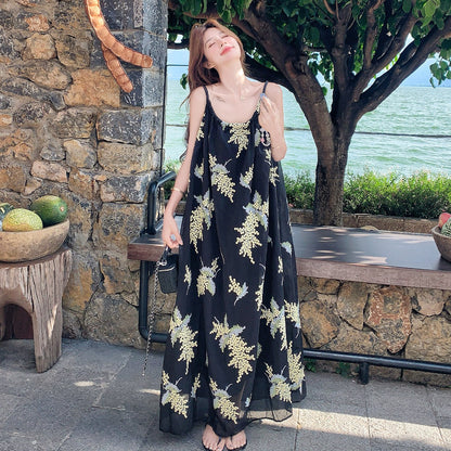 【ワンピース】ビーチ風 ブラック プリント キャミワンピース レディース 夏 ゆったり こなれ感 上品 ロングワンピース【SHシリーズ】