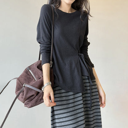 【トップス】韓国風リボンウエストマーク長袖ニット レディース 秋新作 個性的 ゆったり Ｔシャツ【JZシリーズ】