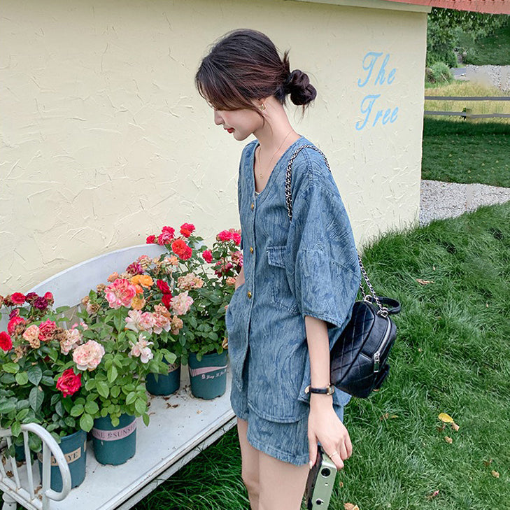 2点セット【セットアップ】ジャカードデニムセットアップ 薄手＆高見え 若見えショートパンツ上下セット【JZシリーズ】【SHシリーズ】