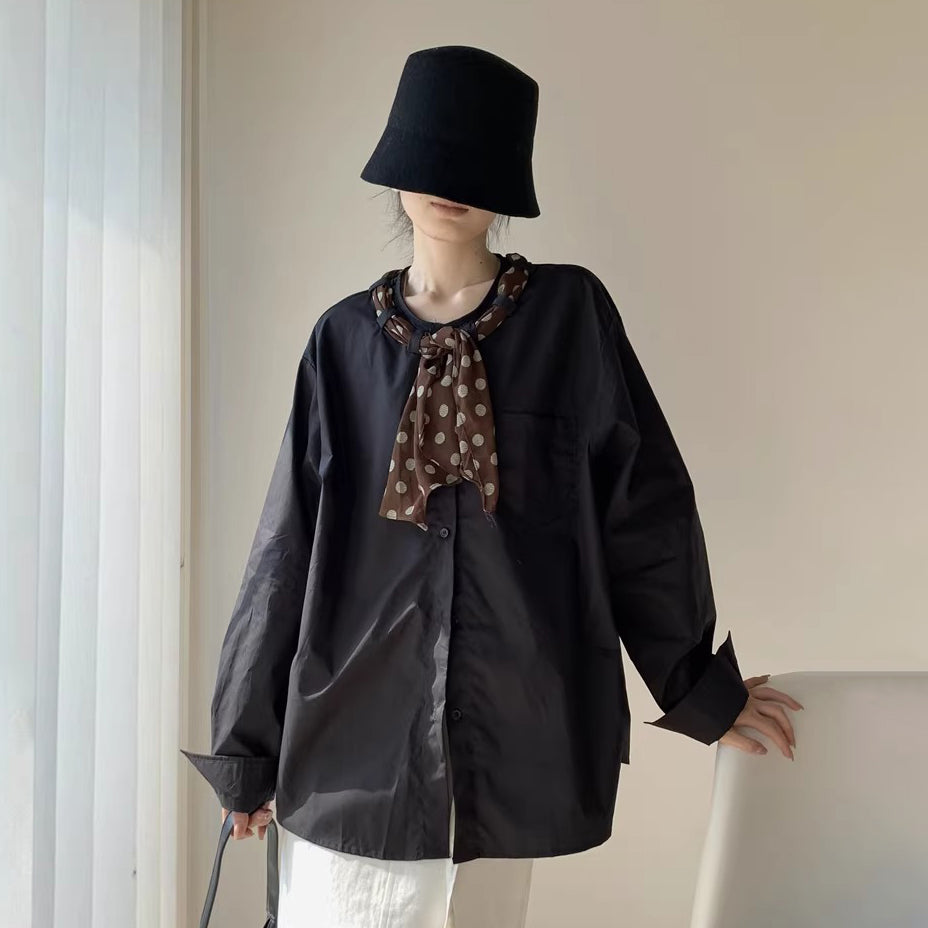 【トップス】韓国風 オーバーサイズ ハイブランド風 デザイン感 丸首 レトロトップス ドット柄 スカーフリボン付き シャツ レディース【JZシリーズ】