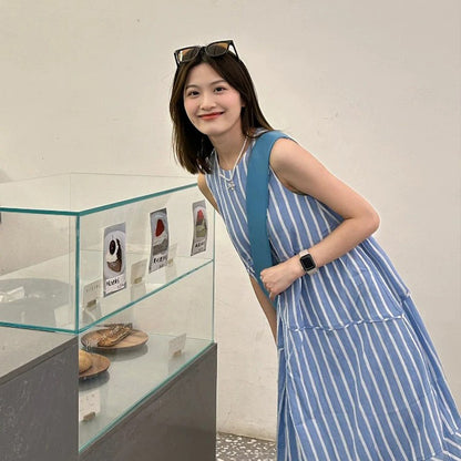 【ワンピース】ブルーストライプワンピース レディース 夏新作 ノースリーブ 丸首 涼しげ 体型カバー 上品 ロング丈 ワンピース【JZシリーズ】