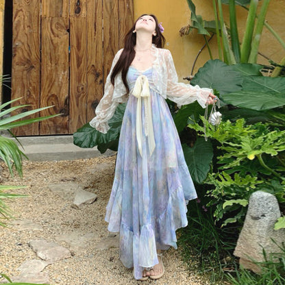M~3XL【ワンピース】紫花柄キャミワンピース レディース 夏 アシンメトリー ノースリーブ ロング丈 リゾート【SHシリーズ】