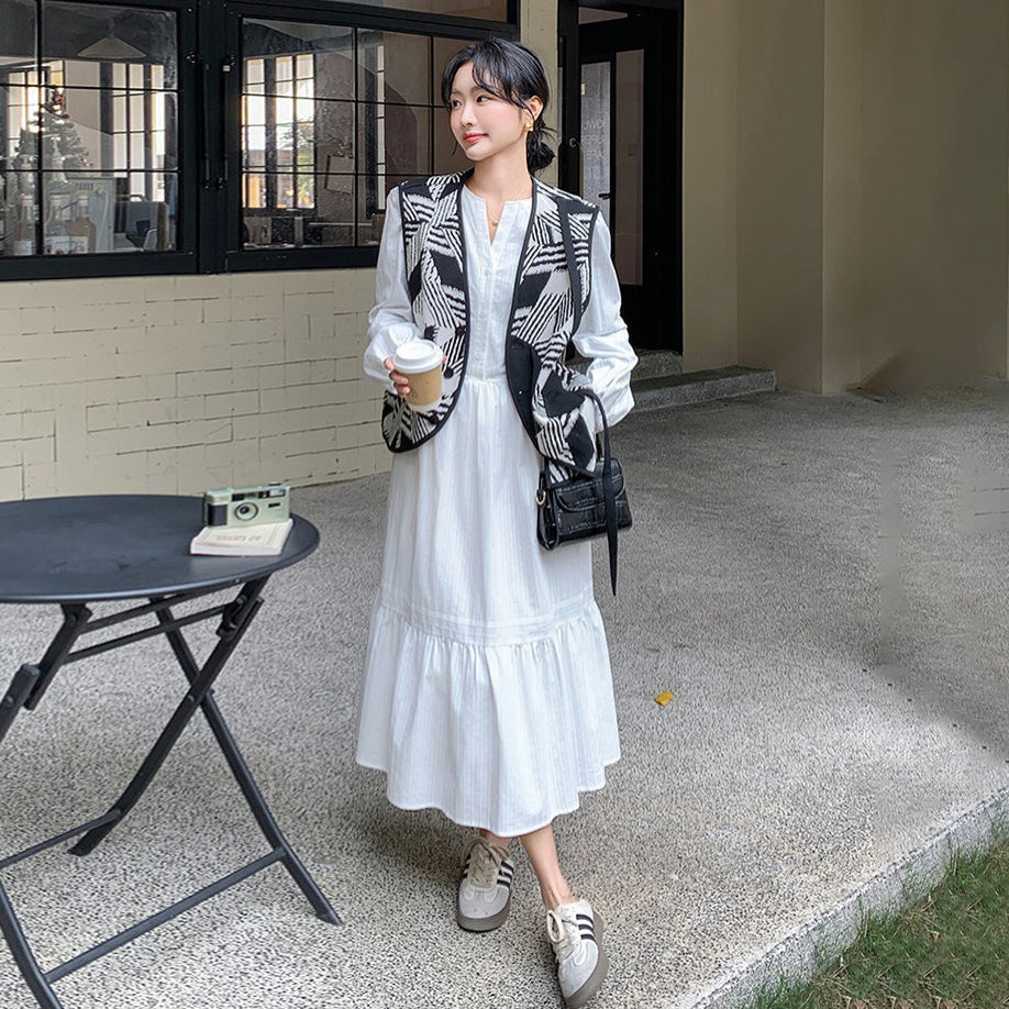 2点セット！【セットアップ】フレンチ上品 ホワイトワンピース＋ヴィンテージ風プリントベスト セット レディース 大人カジュアル【SHシリーズ】