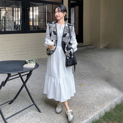 2点セット！【セットアップ】フレンチ上品 ホワイトワンピース＋ヴィンテージ風プリントベスト セット レディース 大人カジュアル【SHシリーズ】