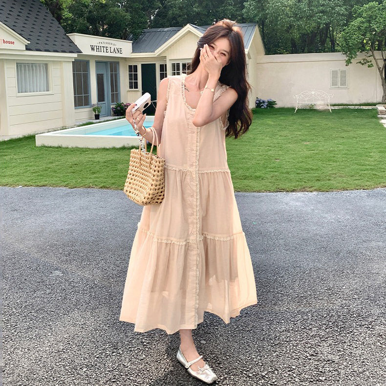 【ワンピース】フレンチ風 ノースリーブワンピース レディース 夏 レースデザイン Aライン 細見え 大人可愛い【JZシリーズ】
