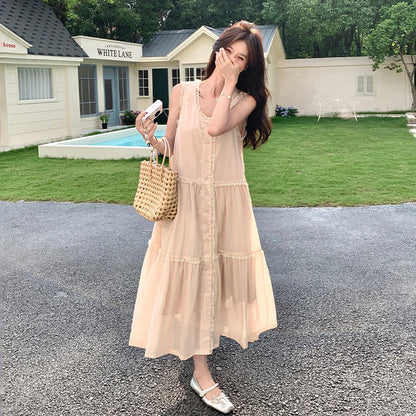 【ワンピース】フレンチ風 ノースリーブワンピース レディース 夏 レースデザイン Aライン 細見え 大人可愛い【JZシリーズ】