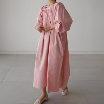 【ワンピース】春秋 ゆったり 大きいサイズ  リボン ランタンスリーブ 長袖ワンピース