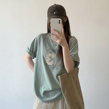 【トップス】レトロパッチ Tシャツ レディース 夏 ライトグリーン 半袖 ルーズフィット クール感 トップス 大人カジュアル 人気【FCシリーズ】
