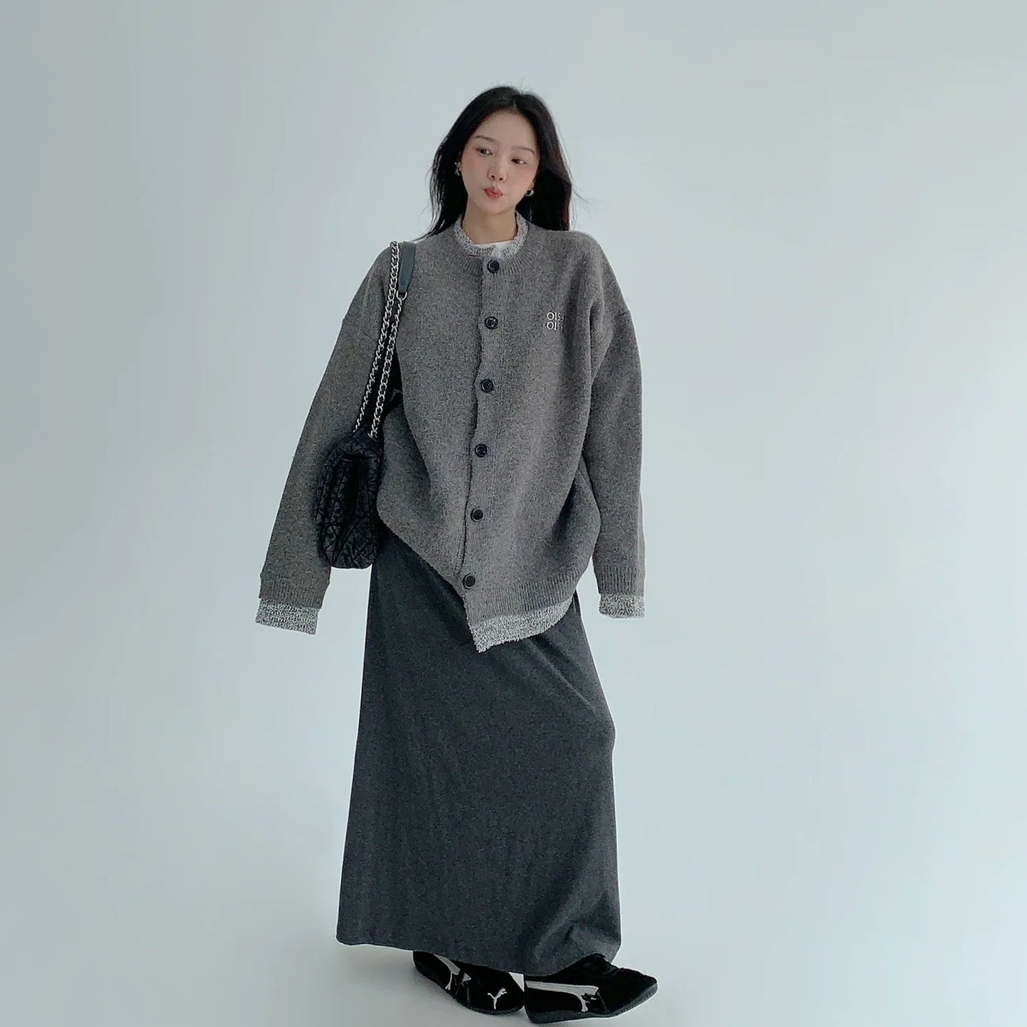 【アウター】春 秋 冬  厚手 フェイクレイヤード ボタン付き ニット ジャケット 【FCシリーズ】