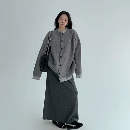 【アウター】春 秋 冬  厚手 フェイクレイヤード ボタン付き ニット ジャケット 【FCシリーズ】