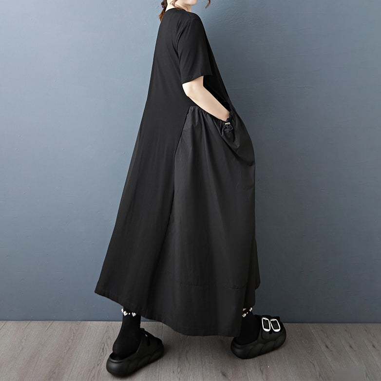 【ワンピース】夏新作 ゆったりカジュアル ドローストリング 中長丈 ニット 半袖ワンピース【AHシリーズ】