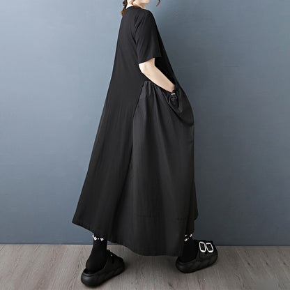 【ワンピース】夏新作 ゆったりカジュアル ドローストリング 中長丈 ニット 半袖ワンピース【AHシリーズ】