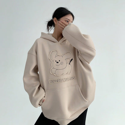 【トップス】レトロワッペン刺繍 カートゥーン 裏起毛フードパーカー【FCシリーズ】