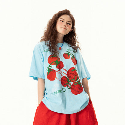 【トップス】レトロ趣味 トマト＆ロゴプリント 半袖Tシャツ レディース 夏 ゆったり カジュアル【FCシリーズ】【15〜20日発送】