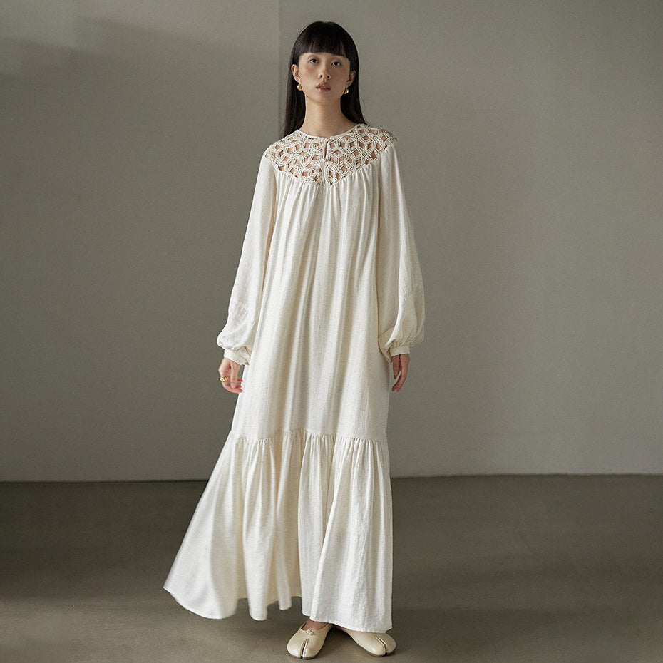 【ワンピース】フレンチ風 刺繍 レース 長袖ワンピース｜透かしデザイン リゾート感あふれるロングドレス【JZシリーズ】