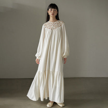 【ワンピース】フレンチ風 刺繍 レース 長袖ワンピース｜透かしデザイン リゾート感あふれるロングドレス【JZシリーズ】