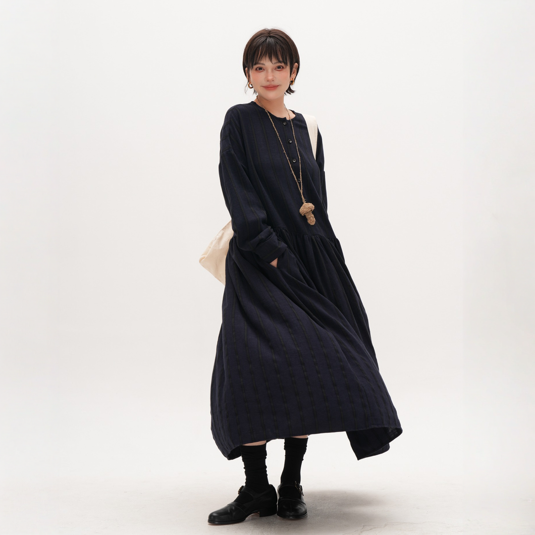 【ワンピース】春 秋 ストライプ 細見え ロング 長袖 ワンピース 【JZシリーズ】