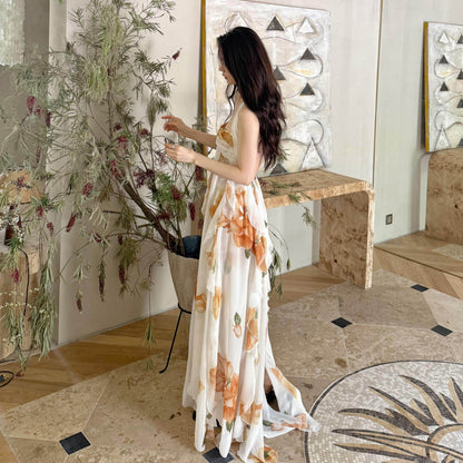 【ワンピース】フレンチ ホルターネック ベアトップ ノースリーブドレス｜バックレス リボン 2026新作｜海辺 ビーチ リゾート ロング丈 映えワンピース【SHシリーズ】