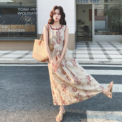 【ワンピース】刺繍 ワンピース 夏 ノースリーブ ロング 花柄プリント フレンチ風 リゾート 上品 体型カバー 人気【SHシリーズ】